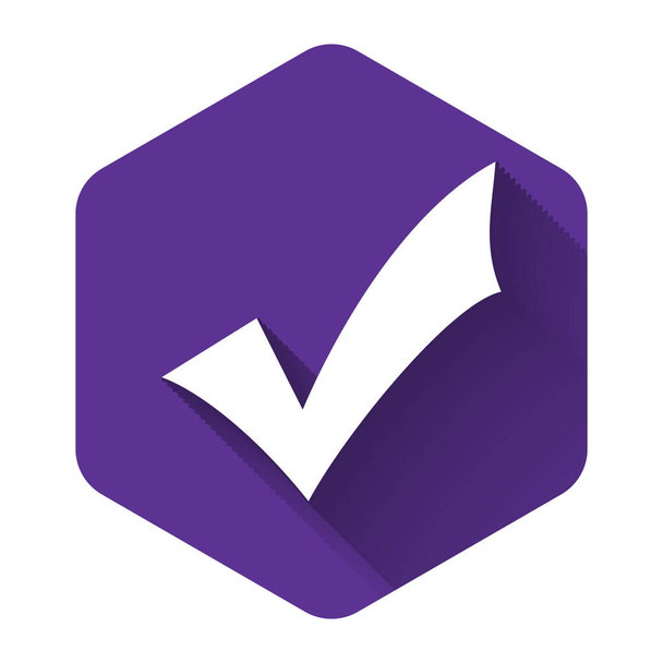 Icona del segno di spunta bianco isolata con lunga ombra. Simbolo di spunta. Bottone esagonale viola. Illustrazione vettoriale
 - Vettoriali, immagini