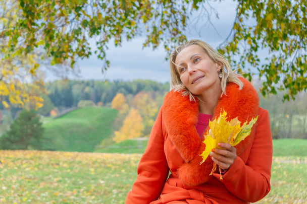 Pretty middle-aged woman holding autumn maple leaves outside in colorful fall nature background - Fotó, kép