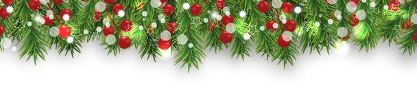 Borda brilhante de Natal com ramos de árvore de Natal e bagas ocas no fundo branco. Feliz Ano Novo decoração. Vetor - Vetor, Imagem