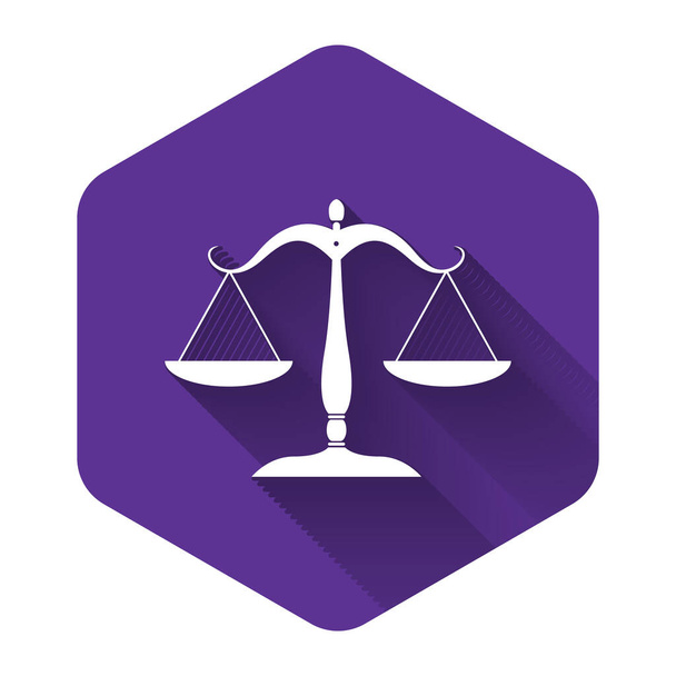 White Scales of justice icon isolated with long shadow. Court of law symbol. Balance scale sign. Purple hexagon button. Vector Illustration - Vector, Image
