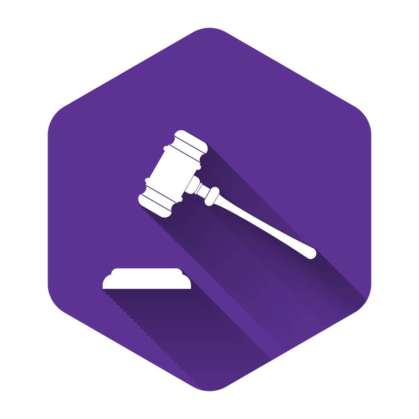 White Judge gavel icon isolated with long shadow. Gavel for adjudication of sentences and bills, court, justice, with a stand. Auction hammer symbol. Purple hexagon button. Vector Illustration - Vector, Image