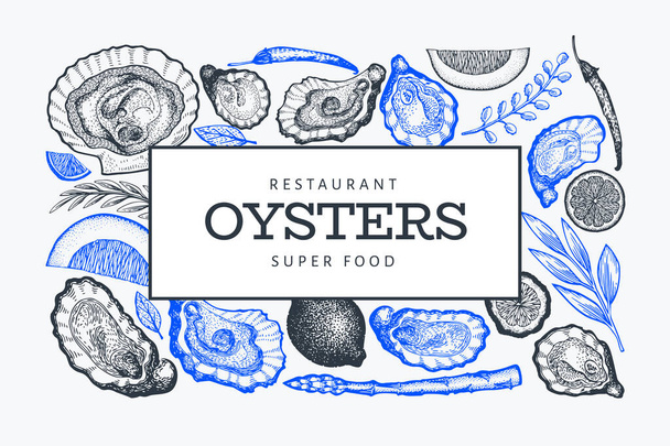 Oysters and spices design template. Hand drawn vector illustrati - Vetor, Imagem