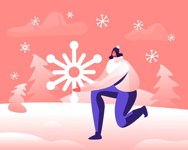 Örülmüş Süveter ve Şapka Giyen Mutlu Genç Kadın Dizlerinde Büyük Kar Tanesi Durağı Kış Sahasında Karla Oynuyor Açık Hava Arkaplanda, Noel Bayramları Çizgi Filmlerinde Düz Vektör İllüstrasyonu - Vektör, Görsel