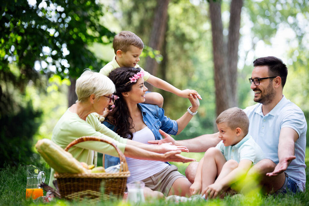 Happy multi generation family enjoying picnic in a park - Photo, image