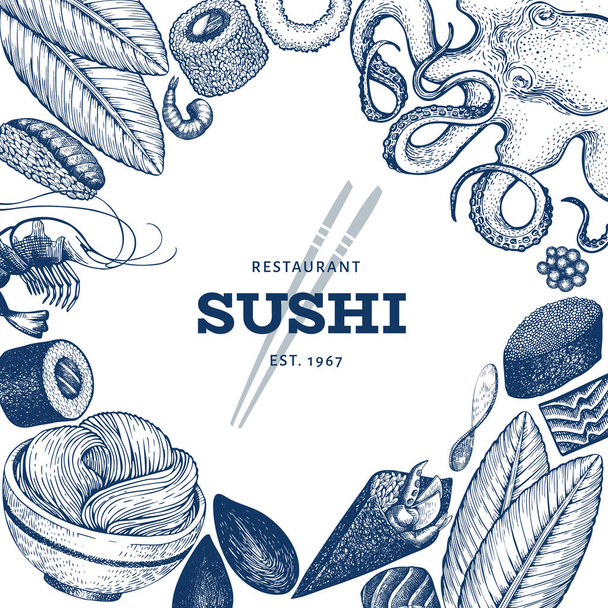 Japanese cuisine design template. Sushi hand drawn vector illust - Vektor, kép