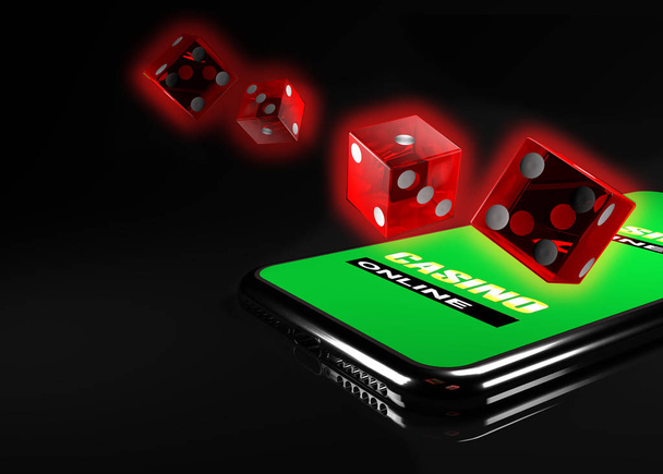 Ilustración 3d. Smartphone con dados. Concepto de casino en línea. Fondo negro aislado
. - Foto, Imagen