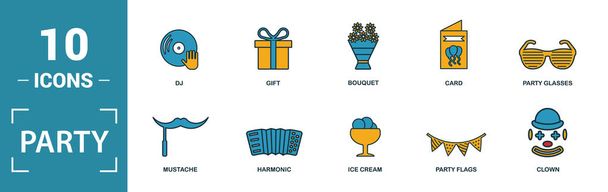 Icono de fiesta conjunto de iconos. Incluye elementos creativos flapper con confeti, regalo, karaoke, champán, iconos armónicos. Puede ser utilizado para el informe, presentación, diagrama, diseño web
 - Vector, imagen