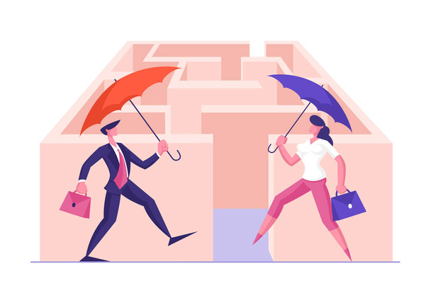 ビジネスソリューションとリスク保護の概念。ビジネスマンとビジネスマンのカップルが傘とブリーフケースを持っている迷路に足を踏み入れる。クリエイティブ・ディシジョン・漫画フラットベクターイラスト - ベクター画像