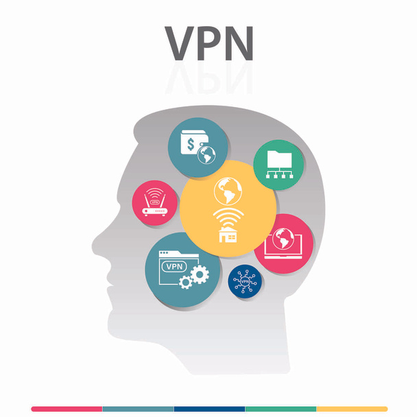 Vpn Infographics vektorisuunnittelu. Aikajana käsite ovat VPN palkka, arkistointi, koti internet kuvakkeet. Voidaan käyttää raportti, esitys, kaavio, web design - Vektori, kuva