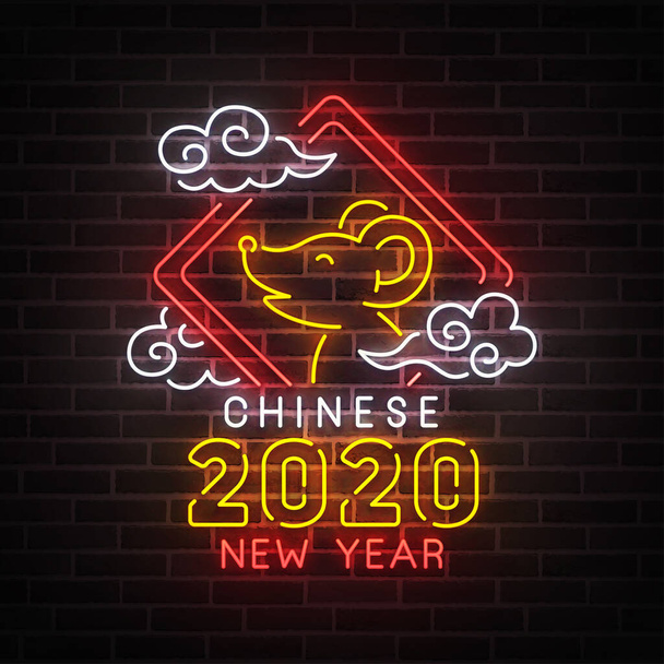 Kínai újévi neon tábla, fényes tábla, könnyű transzparens. Kínai logó neon, embléma. 2020-as kínai. Vektorillusztráció - Vektor, kép