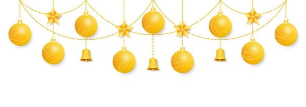 Gouden kerstversiering. Glanzende ballen, kerststerren en klokken hangen aan kettingen. Ontwerp voor spandoeken, posters, folders. Geïsoleerd op witte achtergrond. - Vector, afbeelding