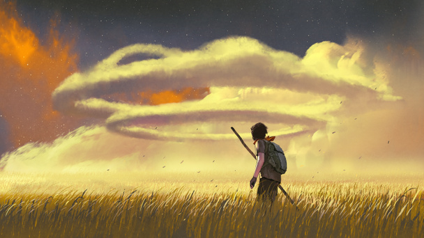 young man walking through a meadow and looking at the ring clouds in the sky, digital art style, illustration painting - Photo, Image