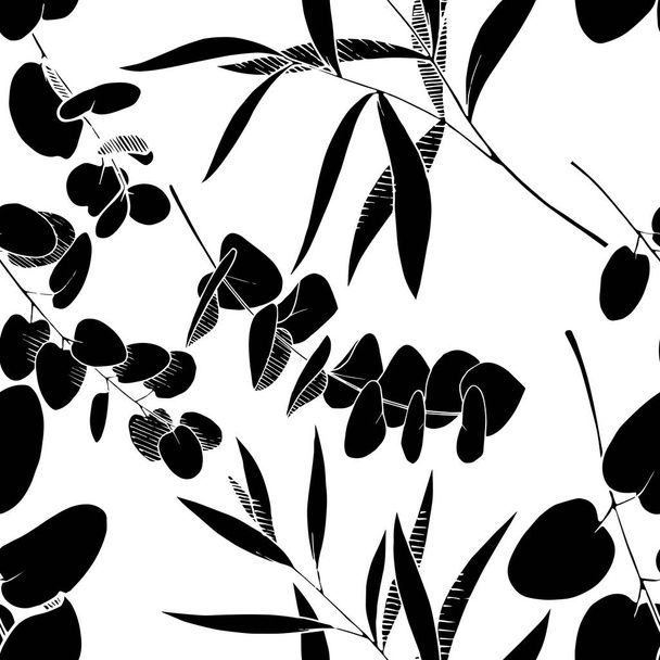 Vector Leaves branch. Black and white engraved ink art. Seamless background pattern. - Vector, Image