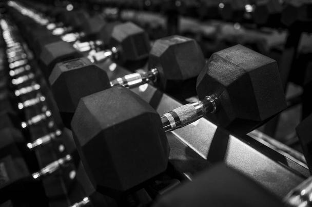Close up many metal dumbbells on rack in sport fitness center - Photo, Image