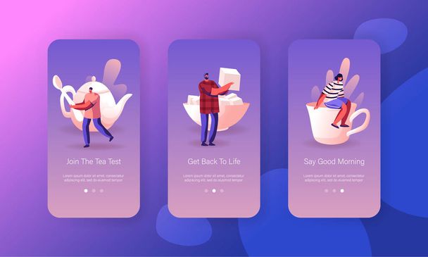 Hot Drink Mobile App Page Onboard Screen Set. Male Female Characters Serving Table for Tea Party Waiting Friends Coming. Hospitality Concept for Website or Web Page, Cartoon Flat Vector Illustration - Vector, Image
