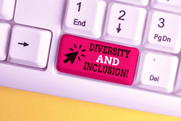 Writing note showing Diversity And Inclusion. Business photo showcasing range huanalysis difference includes race ethnicity gender White pc keyboard with note paper above the white background. - Photo, Image