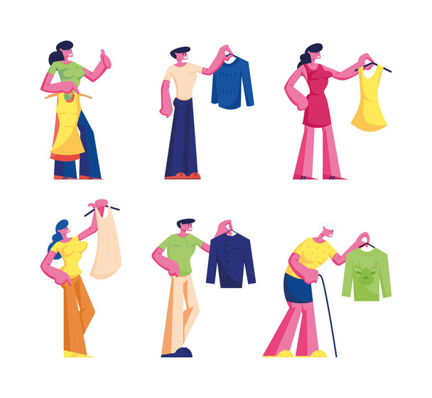 People Buying Dress Set. Young and Senior Men Women Choosing New Fashioned Clothes in Store Buying Garment in Apparel Boutique in Mall. Characters Shopping Spare Time Cartoon Flat Vector Illustration - Vector, Image