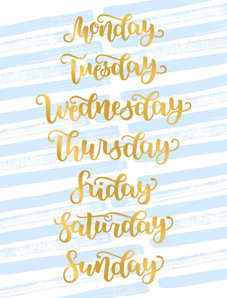 Hand Lettering Days of Week Sunday, Monday, Tuesday, Wednesday, Thursday, Friday, Saturday . Modern Golden Calligraphy. illustration. Brush ink handlettering for schedule. - Photo, Image