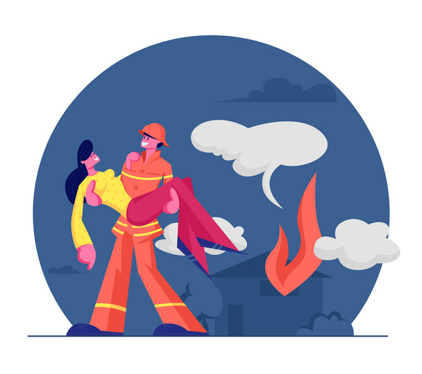 Feuerwehrmann rettet Mädchen vor Feuer Starker Feuerwehrmann in Schutzanzügen und Helm, der eine Frau auf Händen hält, trägt sie aus dem brennenden Haus. Gefährlicher Beruf als Retter. Cartoon flache Vektorillustration - Vektor, Bild