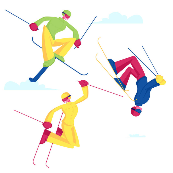 スポーツマンフリースタイルスキージャンプ。ウィンタースポーツアクティビティスキーとアクロバットスタントを組み合わせてください。スプリングボード漫画フラットベクトルイラスト上のサマーソートと極端なトリックを作るエリアリストスキーヤー - ベクター画像