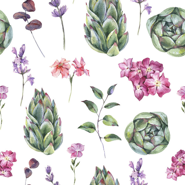 Watercolor succulent seamless pattern with pink flowers and lave - Foto, Bild