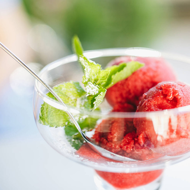 Fruit strawberry sorbet with mint in a bowl  - Фото, зображення