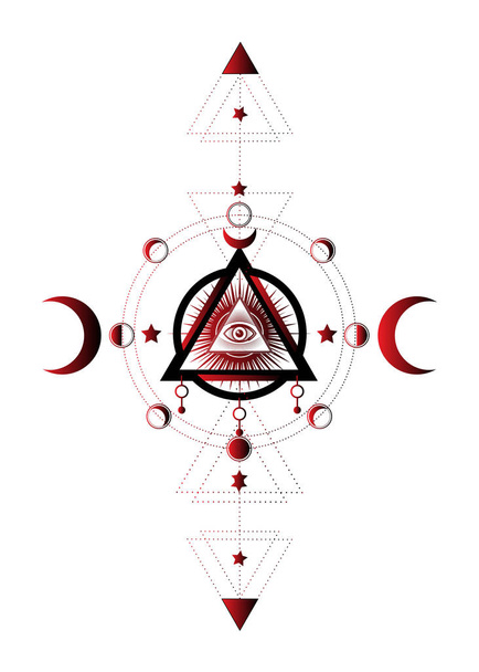 Gondviselés szeme. Szabadkőműves szimbólum. Minden szem a hármas hold pogány Wicca hold istennő szimbólumában van. Fehér alapon izolált vektor - Vektor, kép