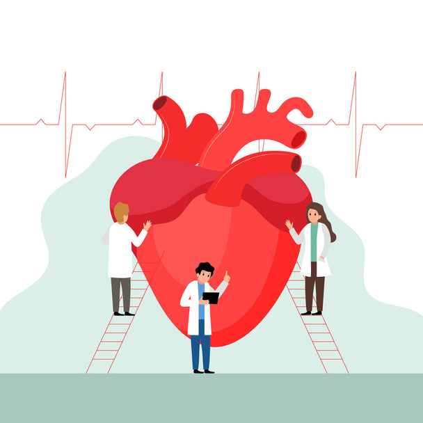 Investigación cardiaca o concepto diagnóstico. Médicos examinando el corazón
. - Vector, imagen
