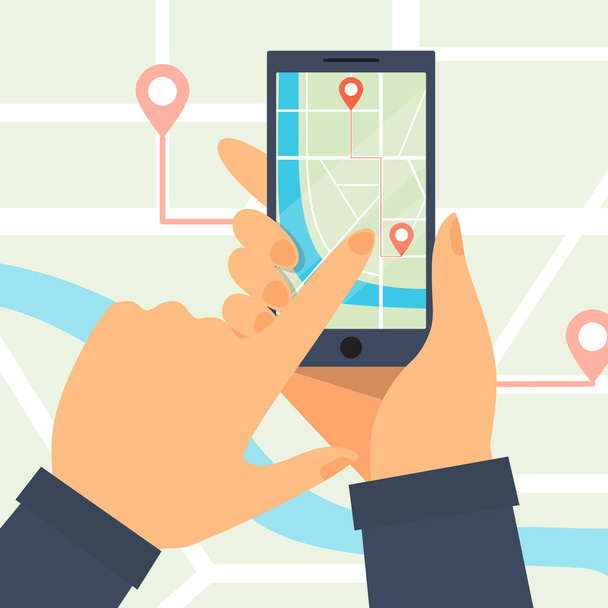 手はスマートフォンを持っている。電話GPSナビゲーションは赤いポインタで表示されます。GPSトラッキングマップ. - ベクター画像