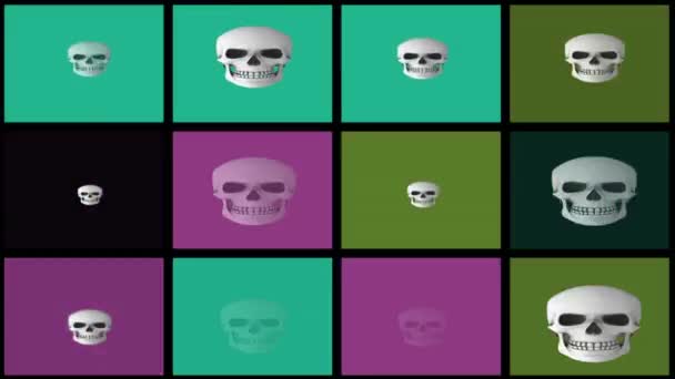 Uma animação gerada por computador de crânios em um fundo abstrato adequado para halloween
 - Filmagem, Vídeo