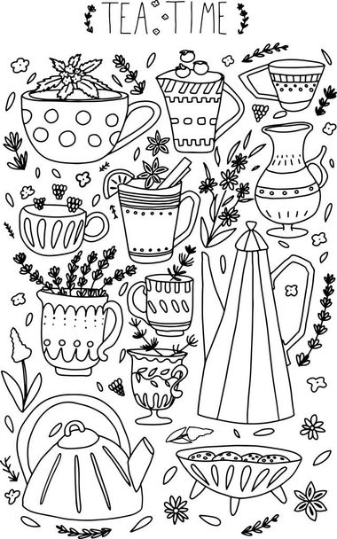 Ręcznie rysowany czajniczek i kolekcja filiżanek z ziołami i kwiatami. Wektorowe kolorowe filiżanki herbaty, filiżanki kawy i czajniki izolowane na białym tle z lawendy, mięty pieprzowej, maliny, żurawiny i ciasteczka. - Zdjęcie, obraz