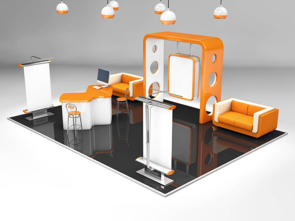 3d Ілюстрований унікальний творчий виставковий стенд відображає дизайн зі столом та стільцем, інформаційна дошка, підгортається
 - Фото, зображення