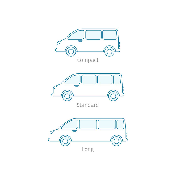 Le dimensioni del minivan. Trasferimento minibus variazione. Standard compatto lungo. Trasporto di autovetture. contorno contorno blu linea vettoriale
. - Vettoriali, immagini