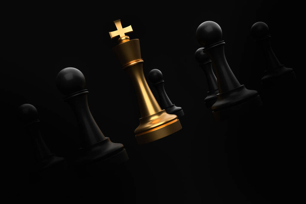 Golden King, περιβάλλεται από μαύρα πιόνια - σκάκι παγίδα έννοια - Φωτογραφία, εικόνα