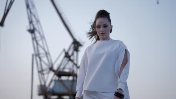 model expresses emotions waving hands against port crane - Filmati, video