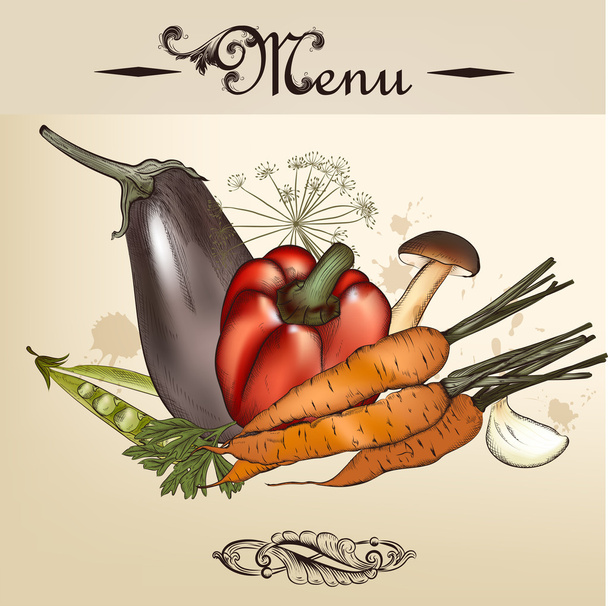 Menu design with hand drawn vegetables in vintage style - Vetor, Imagem
