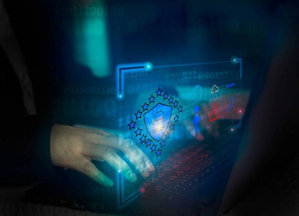 Arka plan simgesi ikili, shiel ile Hacker saldırı dizüstü bilgisayar - Fotoğraf, Görsel