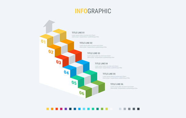 Infografik-Vorlage. 6 Treppen Design mit schönen Farben. Vektorzeitachsenelemente für Präsentationen. - Vektor, Bild