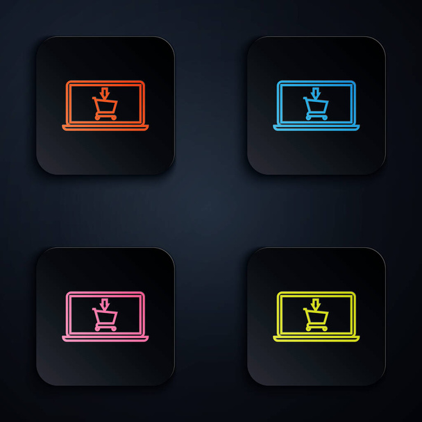 Kolor neon linii Koszyk na ekranie ikona laptopa izolowane na białym tle. Koncepcja e-commerce, e-biznes, marketing internetowy. Zestaw ikon w kolorowe kwadratowe przyciski. Ilustracja wektora - Wektor, obraz
