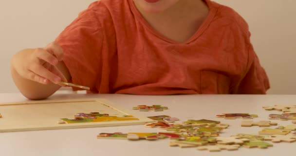 Smart kid collecting wooden puzzle on table - Footage, Video