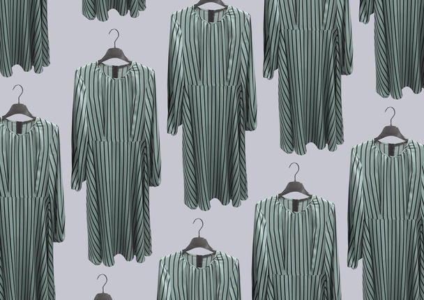 Mooie elegante groene gestreepte jurk op een hanger geïsoleerd op blauwe achtergrond. Lange zijden jurk met lange mouwen. Samenstelling van kleding. Platte lay, bovenaanzicht, kopieerruimte. Kleding patroon - Foto, afbeelding