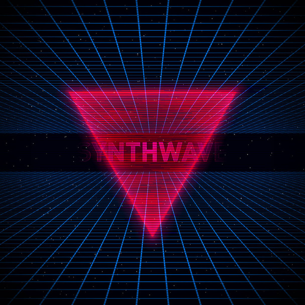Retrofuturistic red hologram reiangle, HUD element on dark starry space background with blue laser grids. - Vector, Image