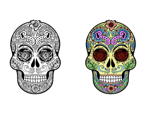 装飾が施された死の日のイラスト（Dia de los Muertos）砂糖の頭蓋骨、またはカラベラ. - 写真・画像