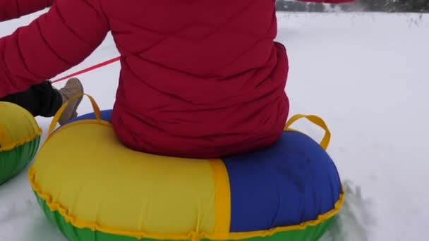 Vrolijke kinderen sleeën in de winter in de sneeuw en zwaaien met hun handen. familie speelt in het winterpark tijdens de kerstvakantie. Kinderen lachen en verheugen zich. Langzame beweging. concept van een gelukkig gezin. - Video