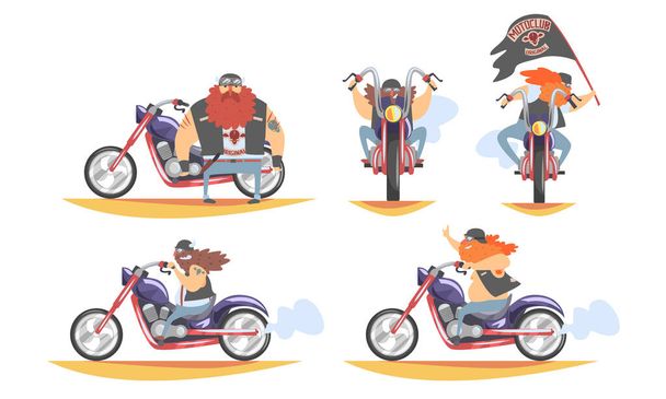 Brutale motorrijder karakter paardrijden motorfiets set, motorrijder in zwart lederen vest en zijn motorfiets, zij- en vooraanzicht vector illustratie - Vector, afbeelding