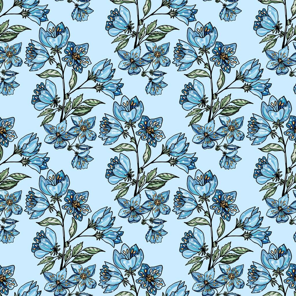 Seamless background with blue apple flowers and leaves on light blue. - Vektör, Görsel
