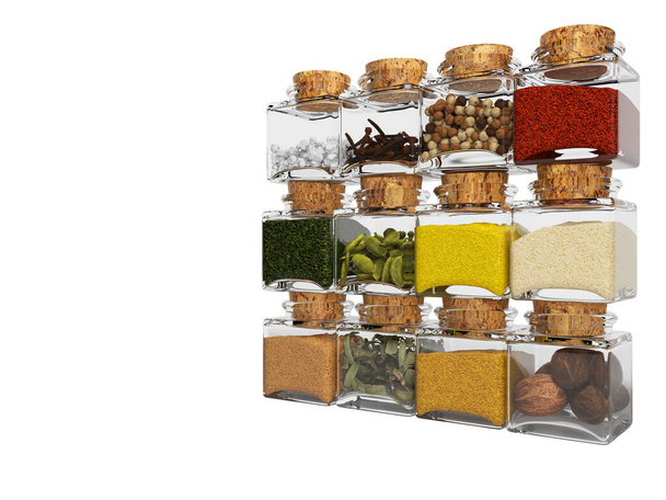 Συλλογή μπαχαρικών σε γυάλινες φιάλες 3d render σε λευκό φόντο - Φωτογραφία, εικόνα