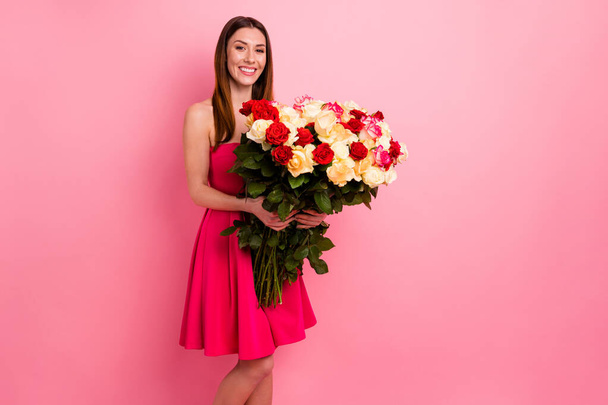 Portrait of nice-looking attractive lovely pretty cheerful glad red haired girl holding in hands big large huge bouquet different roses stem congrats isolated over pink pastel color background - 写真・画像