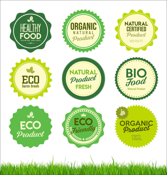 Conjunto de crachás de produtos frescos agrícolas orgânicos saudáveis
  - Vetor, Imagem