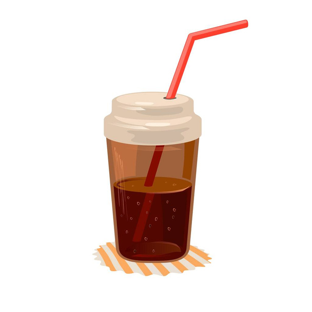 Cola or coke beverage in closed cup with straw on napkin. Sweet carbonated soft brown drink. - Vector, Image